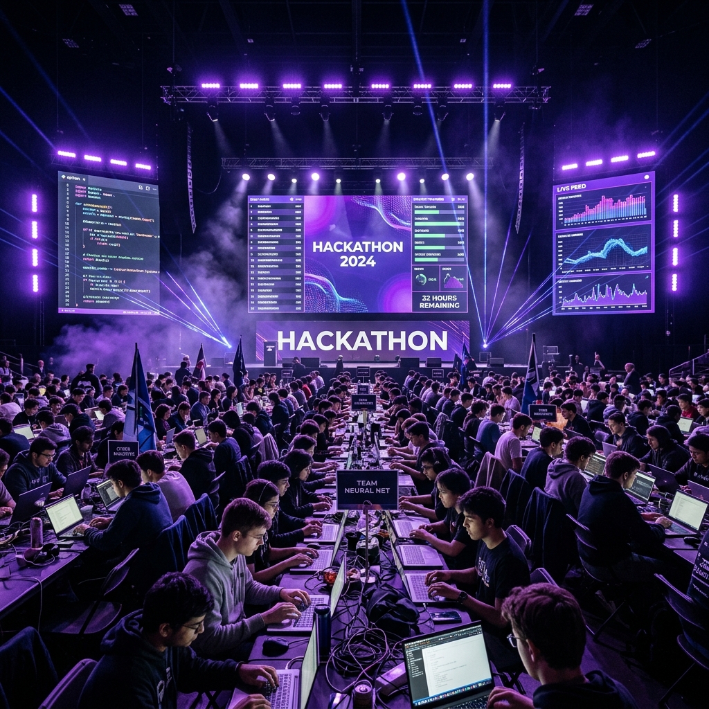VeCoders hackathon event with students coding under purple lights